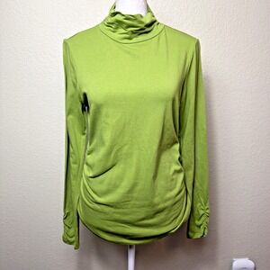 Isela Womens Small Chartreuse Green Mock Neck Layering Shirt Ruched Knit Top